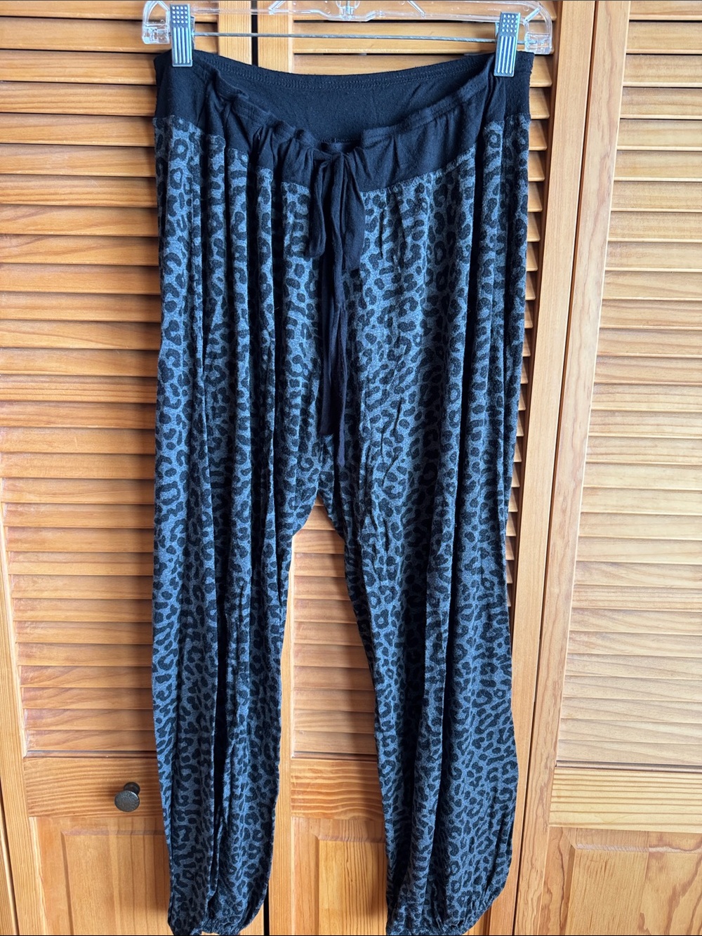DKNY Black & Gray Leopard Print Harem Lounging Pants with drawstring waste band